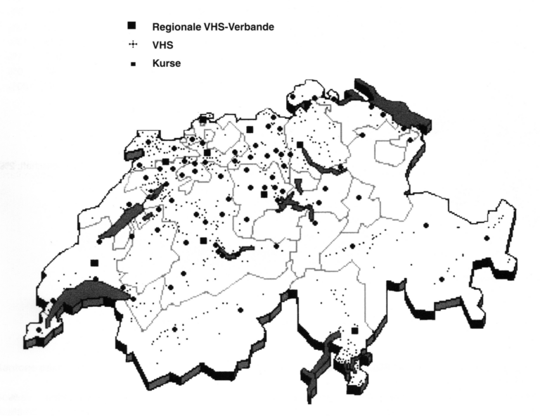 Wo befinden sich die VHS in der Schweiz und wer besucht sie? Statistische Daten des Jahres 1996/97 verzeichneten einen R&uuml;ckgang bei Kursen, Kursorten, Kursstunden, Belegungen und Personenstunden. Quelle: Jahresbericht 1996/97, S. 2